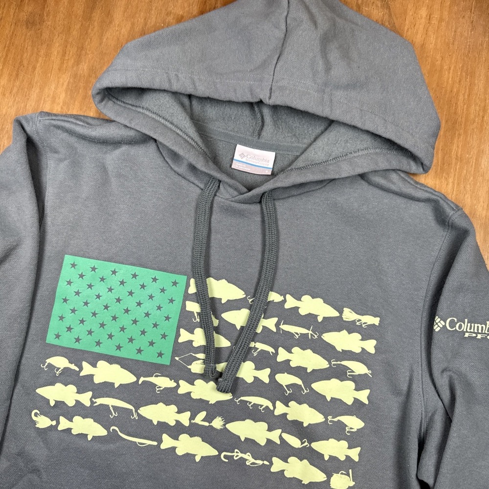 Columbia PFG Long Sleeve Pullover Hoodie Men's Small Teal Fish Flag Logo Outdoor